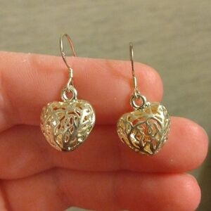 Custom Sterling Silver Hollow Abstract Carved Heart Dangle Drop Earrings